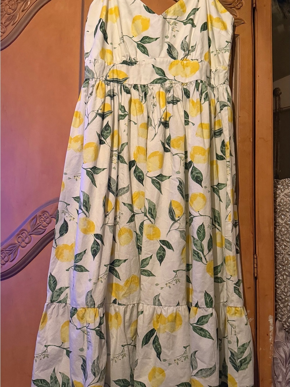 100% cotton Lemon-Print Midi Dress with Adjustable Straps -with pockets - Picture 2 of 9